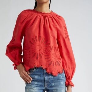 NWT Ulla Johnson Louisa Eyelet Ruffle Linen Blend Top in Poppy.     22